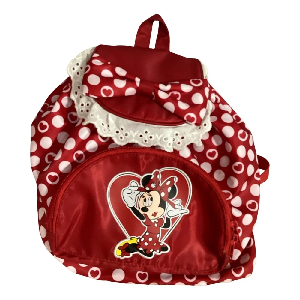 Disney Parks Minnie Mouse Red White Dots Poly Backpack Lace Elastic Cuteness